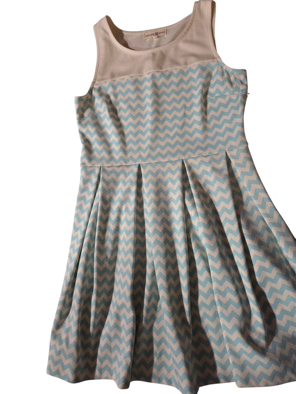 Altar'd State Blue & White Chevron Colorblock Pleated Fit & Flare Dress - Size L - Picture 1 of 5